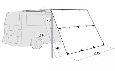 Outwell Hillcrest Tarp Sonnensegel in Grün, technische Zeichnung mit Bemaßung von Breite, Tiefe und Form des Segels dargestellt.