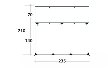 Maßzeichnung des Outwell Hillcrest Tarp mit 235 cm Breite und 210 cm Tiefe, aufgeteilt in 70 cm und 140 cm Segmente


