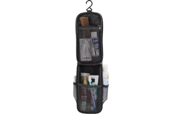 Washbag Kulturbeutel small beige aufgeklapt mit Inhalt