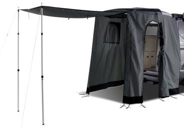 Preview: VanSpace Heckzelt „Kombi“ in Anthrazit mit ausgeklappter Schleusenmarkise und offenem Eingang, passend für Ford Custom V710 ab 2023.