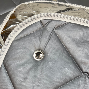 Nahaufnahme der Beschaffenheiten, silber Rückseite, grau Innenseite, Öse und Einfassband