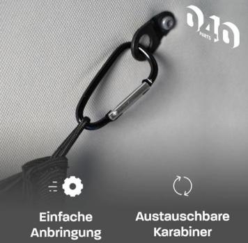 Schwarzer Karabiner zur Befestigung des Aufbewahrungsnetzes im VW T5/T6/T6.1 California.