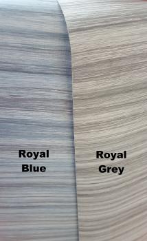 Vergleich der Tuchfarben Royal Blue und Royal Grey für Fiamma F45s Markise, nebeneinander dargestellt

