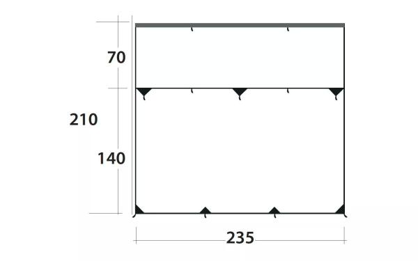 Maßzeichnung des Outwell Hillcrest Tarp mit 235 cm Breite und 210 cm Tiefe, aufgeteilt in 70 cm und 140 cm Segmente



