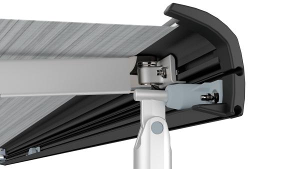 Fiamma Markise F40van Detailansicht vom Gehäuse und der Verbindung zum Stützfuß