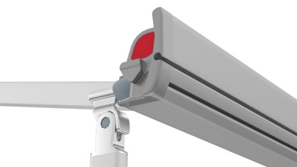 Fiamma Markise F45s Detailansicht vom Gehäuse und der Verbindung zum Stützfuß