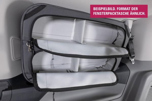 VanEquip Fensterpacktasche im Fahrzeug montiert mit geöffneter Tasche