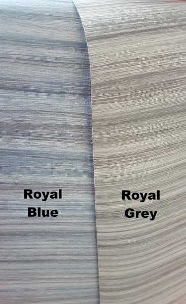 Vergleich der Tuchfarben Royal Blue und Royal Grey für Fiamma F45s Markise, nebeneinander dargestellt
