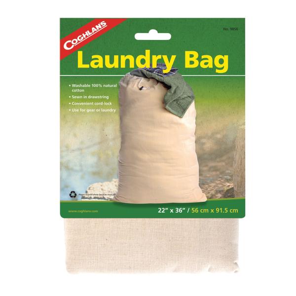 Verpackter Coghlans Laundry Bag aus Baumwolle, naturfarben, vielseitig einsetzbar als Wäsche- oder Schlafsackbeutel, abgebildet mit grünem Etikett