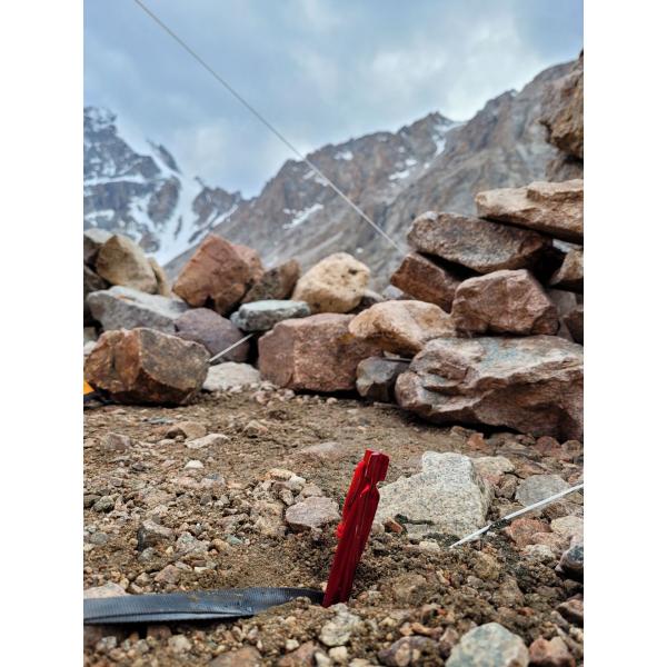 BasicNature Zelthering 'T-Stake' im Kies eingeschlagen
