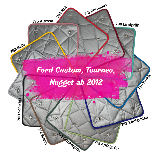 Thermomatten Premium Ford Custom / auch Tourneo und Nugget ab 2012 - 09/2023 Komplettset - zum Konfigurieren - mit farbigem Einfassband
