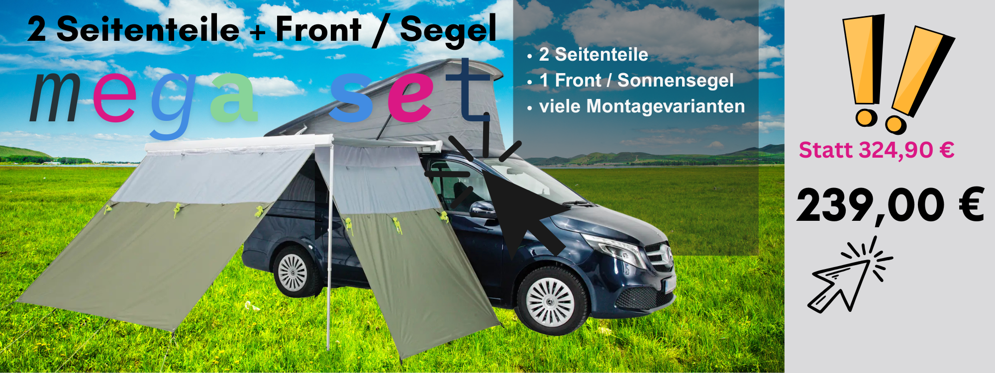 Wohnmobil mit Seitenteile und Front mit Hinweis auf Aktionspreis